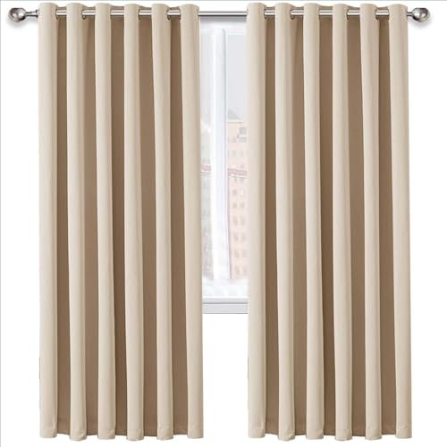 Oxford Homeware Blackout Curtains Bedroom Eyelet Thermal Insulated Noise Reducing Living Room Window Curtain Pair Panels + 2 Tiebacks (Cream, 46x54 (117x137cm))