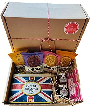 British Tea Gift Set Hamper Box with Biscuits, English Breakfast Tea in a Union Jack Tin, Jam and Marmalade. Luxury Present for Men, Dad or Grandad. Jubilee.