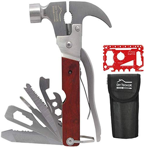 DIY TECH UK - 23 in 1 Multitools for Men - Hammer Multi Tool Camping and Survival - Pliers, Screwdrivers, Bottle Opener, Saws, File, Spanners - Wooden Handle + Free 48 in 1 Credit Card Gadget + Pouch