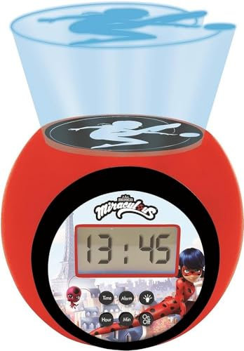 Lexibook Miraculous Ladybug Chat Noir, Réveil projecteur avec Fonction Alarme et répétition Snooze, veilleuse avec minuterie, écran LCD, à Piles, Rouge/Noir, RL977MI