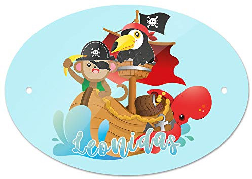 Eurofoto Türschild mit Namen Leonidas und Tier-Piraten-Motiv | Kinderzimmer-Schild