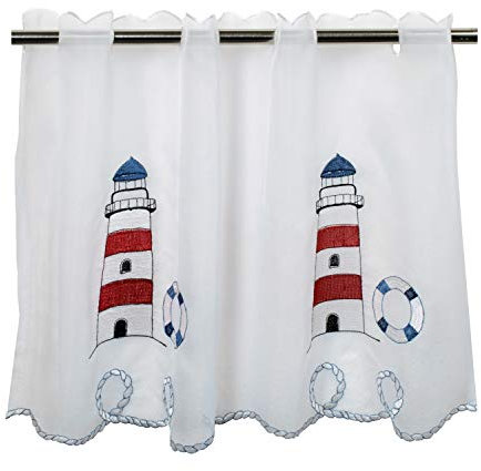 Delindo Lifestyle® Scheibengardine Leuchtturm für Küche, Bad und Kinderzimmer, weiße Gardine mit maritimen Motiv, 45x85 cm, Moderne und transparente Bistrogardine