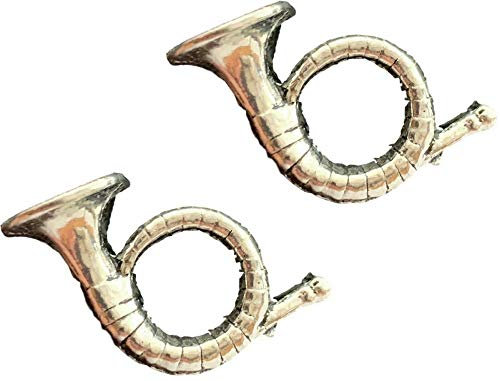 2 x Jagdhörner, handgefertigt aus englischem Zinn, Anstecker und Geschenkbeutel + 59 mm Abzeichen, Approx Size = 28 mm x 25 mm, Hartzinn
