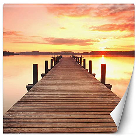 Feeby Vlies Fototapete Sonnenuntergang Seeseite 100x100 cm Orange Tapeten Wandekoration Wohnzimmer Schlafzimmer Büro Flur Pier Wasserfläche Himmel