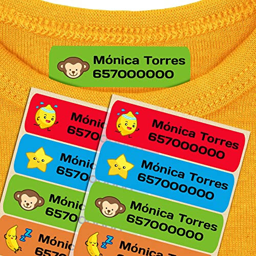 50 Etiquetas termoadhesivas personalizadas para marcar la ropa de los niños. Pegatinas para planchar, resistentes a lavadora y secadora. Tamaño 6 x 2 cm. (PALETA 1)