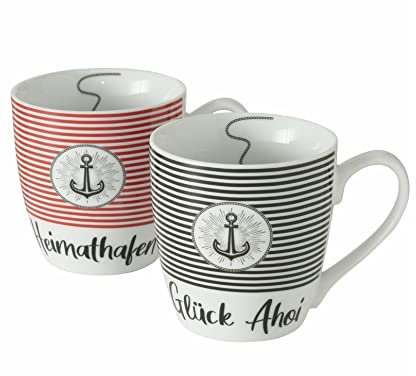 2 Stk Jumbo Tassen Kaffeebecher XXL 480ml Porzellan Anker GLÜCK AHOI + HEIMATHAFEN Kaffeetassen Jumbobecher n692 Jumbotassen Kaffeepott