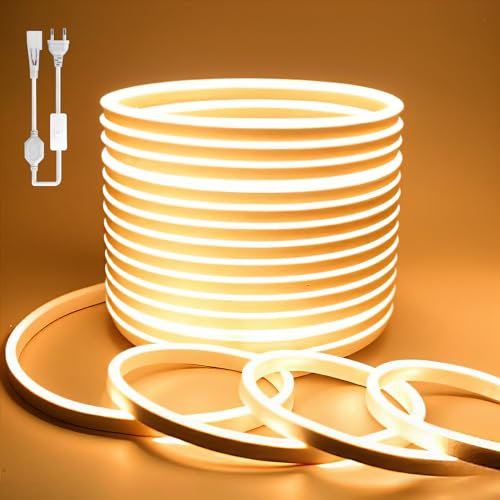 BAGZY Neon LED Streifen 20M Aussenbereich, Neon Wasserdicht Strip 230V Outdoor 120 LED/M Flexibler DIY Lichtband für Innen Weihnachtsfeier Aussenbereich,mit Netzteil und Controller (Gelb,20Meter)