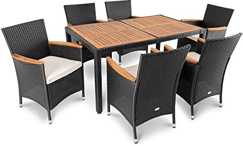 di volio Polyrattan Sitzgruppe Verona - Lounge Gartenmöbel-Set für Garten oder Terrasse, Tisch mit Tischplatte aus Akazienholz + 6 Stühle - Lounge-Set in Rattan-Optik