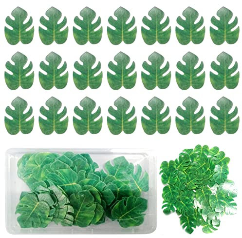 VEGCOO 48 PCS Edible Tropical Leaves Cupcake Toppers, Turtle Leaves Cake Decorations Jungle Cake Toppers with Storage Box for Family Cupcake Wedding Cake Birthday Party Food Decoration