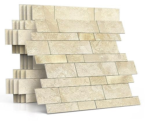 M MOFIT 3d Selbstklebende Wandfliesen Küche,Matte Marmor Mosaikfliesen Selbstklebend Steinoptik Metro Fliesen Ziegel Wandaufkleber Bad Wasserdichte(5 Matten,Beige)
