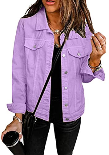 shownicer Femme Veste en Jean Vintage Coloré Blouson en Jean Mi-Saison Manches Longues Violet M