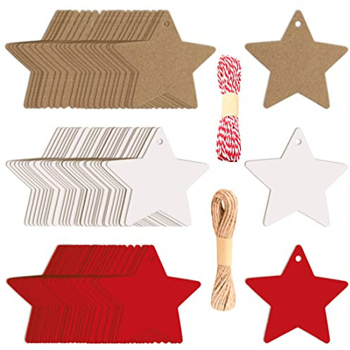 KOOKZ Stern Geschenkanhänger Kraftpapier, 100 Stk Weihnachten Anhänger Kraftpapier Etiketten mit 20m Schnur, Preisschilder Geschenk Anhänger für Hochzeit Geschenk Dekoration DIY Weihnachtsbaum