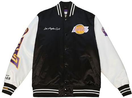 Mitchell & Ness NBA Team Origins Varsity Satin Jacket, farblich abgesetzte Ärmel, Druckknopf Verschluss, Herren, Frauen, Kinder, Unisex, Frühling, Sommer, Herbst, Winter