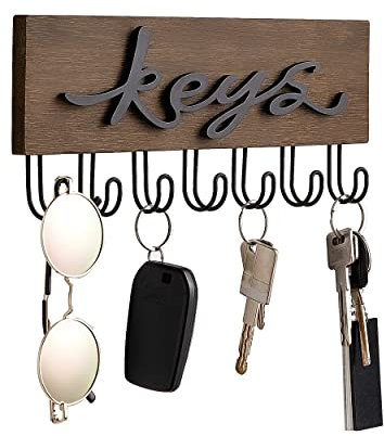 Mkono Rustic Wood Wall Mounted Key Hanger Organizer with 7 Hooks - Decorative Farmhouse Key Rack for Entryway, Hallway, Office