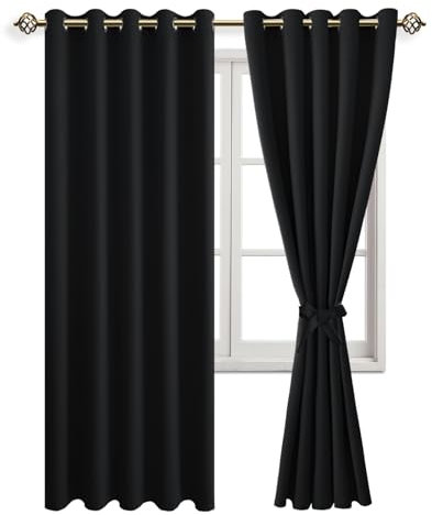 JIUZHEN Gardinen Blickdicht Vorhang mit Raffhalter Verdunklungsvorhänge Ösen Thermovorhang Kälteschutz Gardinen Wohnzimmer Ösenschal Vorhang Wärmeisolierend, Schwarz, 2 Stück, 228x167cm(HxB)