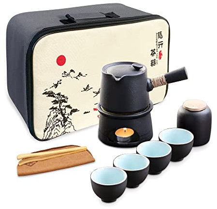 fanquare Chinesisches Porzellan Teetassen Set mit Teekanne, Schwarzes Gongfu Teeservice mit Keramik Stövchen, Tragbares Teeset für Erwachsene