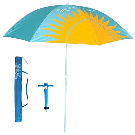 Pincho Sombrilla Playa 180 cm Resistente al viento con Soporte de anclaje, Proteccion UV50+, Tubo acero 22 mm, bolsa transporte, varillas inoxidables, ligera, jardin camping