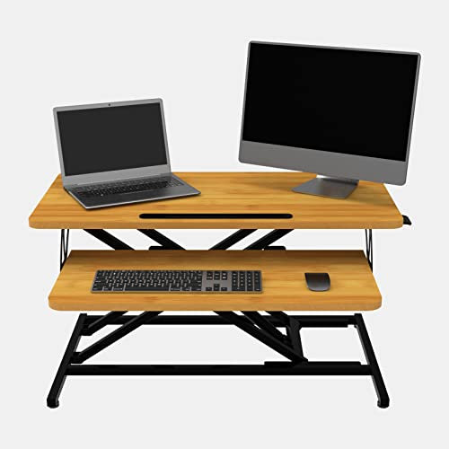 ERGOMAKER Steh-Sitz Schreibtischaufsatz Höhenverstellbar, Stehpult Aufsatz Schreibtisch 80 X 40CM Desktop Erhöhung mit Zwei Monitoren Tastaturablage Bamboo
