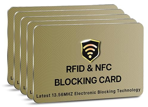 SaiTech IT RFID Blocking Card, 5 Pack One Card Protects Entire Wallet Purse For Men & Women, NFC Contactless Bank Debit Credit Cards Protector ID ATM Guard Card – Golden