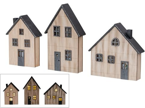levandeo LED Haus 3er Set Deko Aufsteller MDF Holz Schwarz Natur Holzhaus Licht Tischdeko Timer
