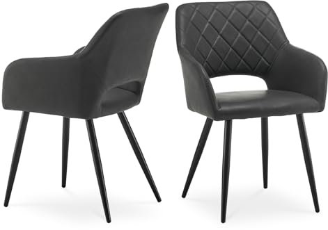 CLIPOP Esszimmerstühle, 2er Set, Polsterstühle mit Armlehnen, Metallbeine, Kunstleder Bezug, Kunstleder Grau, bis 150 kg belastbar, für Arbeitszimmer, Wohnzimmer, Schlafzimmer (2er, Kunstleder Grau)