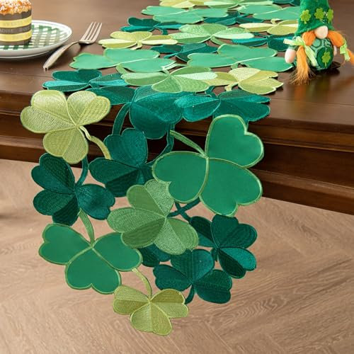 Joyfol Day St. Patrick's Day Tischläufer, bestickter irischer Kleeblatt-Schal, Frühlingsgrünes Kleeblatt, Tischläufer für Zuhause, Küche, Esszimmer, Party, Tischdekoration (35,6 x 150,9 cm)
