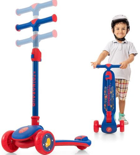 KOMFOTTEU Kinder Roller Faltbar, Tretroller Scooter mit LED Rädern, Kinderroller höhenverstellbar von 63-83 cm, Cityroller Kickscooter für Kinder ab 3 Jahren (Blau+Rot)
