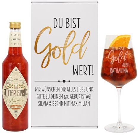 Herz & Heim® Glitter Geschenkset mit graviertem Glas, Geschenkbox und Glitter Spritz Flasche, Motivauswahl, personalisiert (Du bist Gold wert)