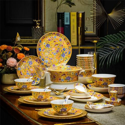 CCKUHN Set di piatti cinesi di fascia alta in porcellana cinese da 68 pezzi Set di piatti di lusso Set di stoviglie Ciotole per alimenti Piatti di sushi Set di bacchette Cucchiai (A) (A)
