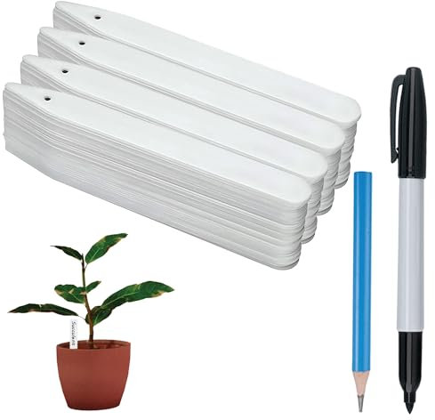 Pack of 100 Plastic Plant Labels, Pencil and Pen - 12.5 x 1cm Seed and Plant Tags, Reusable Marker Labels for Outdoor and Indoor Plants (Plastic Plant Labels, Pencil and Pen, 100 Pack)