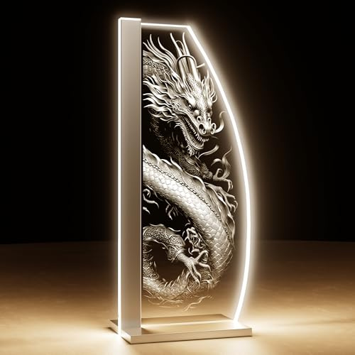 Luverre Tischlampe | LED-Leuchte | Glas-Leuchte mit Gravur für Nachttisch, Kommode, Wohnzimmer | Fantasy, Magie, Mystik (Dragon, Segel | silber)