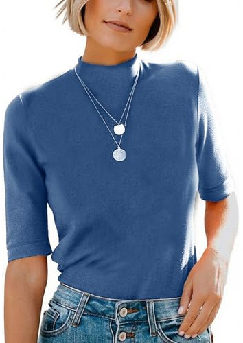 Dressmine Women's T-Shirts 3/4 Sleeve Tops Cotton Mock Turtle Neck Shirts Dressy Casual Fitted Half Sleeve Fall Outfits