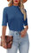 Dressmine Women's Mock Turtle Neck Dressy Casual Fall Cute Tops Slim Fitted Half Sleeve Cute Plain T Shirt Blue Large