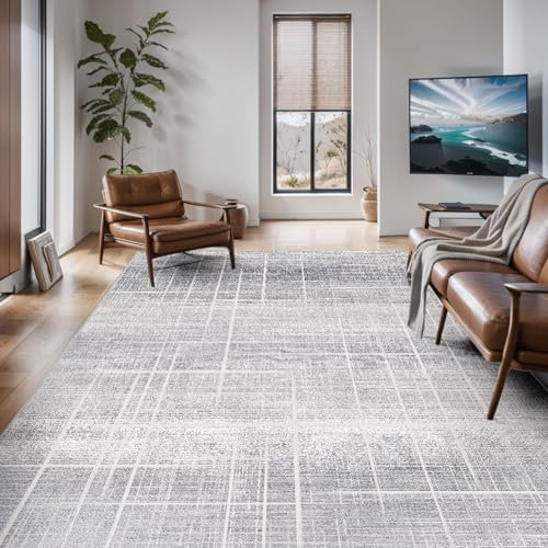 Vamcheer Teppich Wohnzimmer Moderner Anti-Rutsch - Teppich Esszimmer Kurzflor 200x300, Teppiche Waschbar,Kuschelteppich mit Streifen,Teppiche Groß für Arbeitszimmer,Büro,Weich,Hellgrau Beige