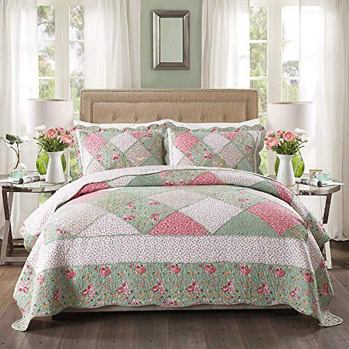 SnamicE Patchwork Quilt Tagesdecke 3PCS Bettwäsche Pastoral Floral Steppdecke Decke Überwurf King Queen Size Bettdecke mit 2 Kissenbezügen