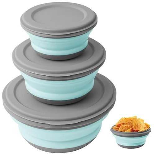 flintronic Bols Pliables, Lot de 3 Bol Saladier Pliable avec Couvercle, Récipient Alimentaire en Silicone Portable, pour La Randonnée, Voyages, Camping, Pique-Nique, L'éCole