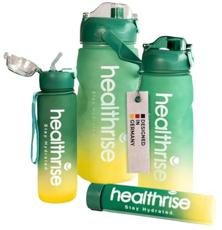 Health Rise Trinkflaschen Set 4-in-1 | Verschiedene Größen 0,3l, 0,7l, 1,5l & 3,3l | stapelbar | für Fitnessstudio, Reisen, Picknick, Outdoor | BPA-frei