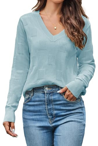 Cindeyar Pullover Damen Langarm V Ausschnitt Strickpullover Winter Casual Elegant Pulli Warm Oberteile (Hellblau, L)