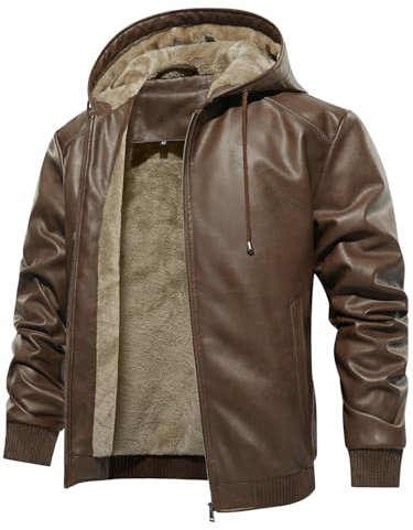 Uusollecy Chaqueta de Cuero para Hombre, Chaqueta de Cuero Sintética con Forro Cálido, Resistente Al Viento Chaqueta de Moto con Capucha Invierno,Marrón,S