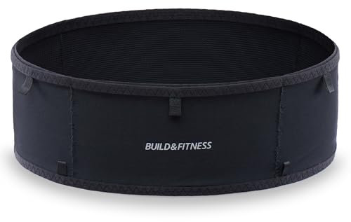Build & Fitness LiteBelt Laufgürtel – 4 schnell zugängliche Taschen von Oben – super leicht, schlank, Flip-Hüfttasche, Lauf-Handyhalter – passend für alle Größen Handys, Schlüssel, Karten, Earpods, S