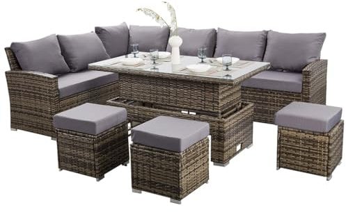 Nustone L-Shaped Corner Rattan Garden Furniture Lounge Dining Set for Seating 8 People With Sofa, 3 Stools With Luxury Cushions and Large Adjustable Dining Table, for Patios & Terraces - In Grey