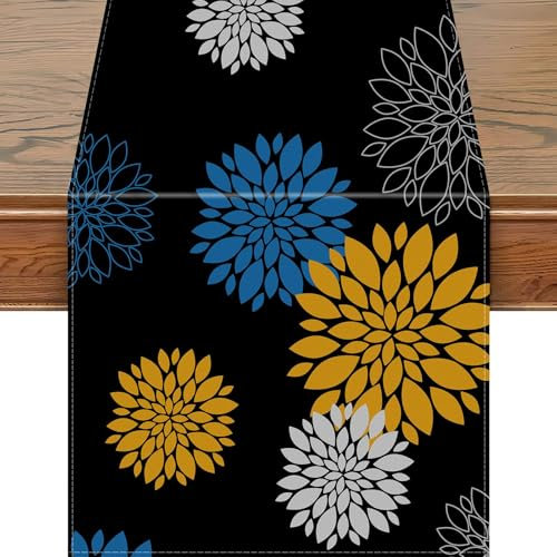 Snylcce 13x72 Zoll blau und gelb Dahlia Pinnata Blume Tischläufer - Modernes Elegantes geometrisches Design mit Pompon Akzente - Schwarzes Leinen Dekor für Haus Essen, Partys und Eingänge