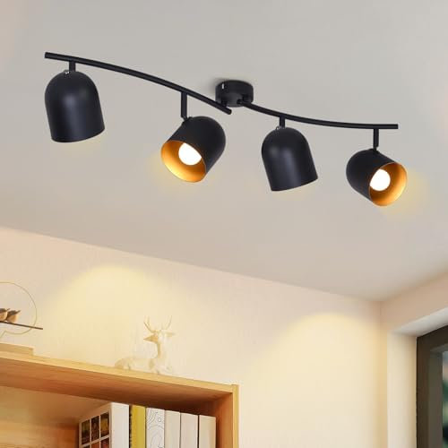 Kowanie Deckenstrahler 4 flammig Deckenleuchte Vintage: E14 Spots Deckenlampe Wohnzimmer Deckenspots in Schwarzgold Küchenlampe Metall schwenkbar Spotleuchte für Küche Schlafzimmer - Ohne Leuchtmittel