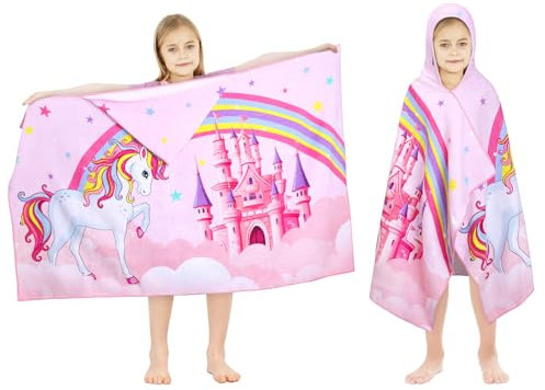 decalsweet Badeponcho Kinder 100% Baumwolle Kapuzen-Babybadetuch, Groß Weich und Saugfähig Kinderhandtuch, Badetücher Handtuch Kapuze Strandtücher für Jungen und Mädchen, 76x 127 cm (Schloss Einhorn)