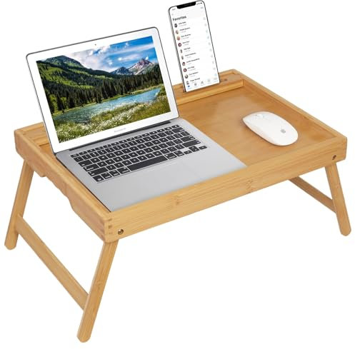 Artmeer Bed Tray Table with Folding Legs, Bamboo Breakfast Food Tray with Media Slot, Use As Platter, Laptop Desk, Snack, TV Tray Kitchen Serving Tray (Bamboo Extra-Large Size)