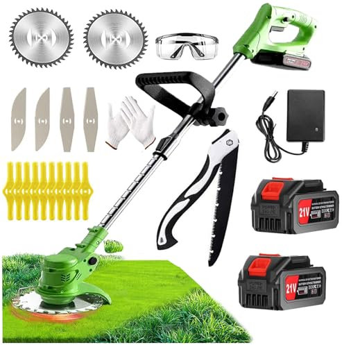 Grass Trimmer 21V Electric Cordless Strimmer & Brush Cutter with 2 Batteries, 3 Blades - Lawn Edger That Grass Trimmer - Battery Powered Yard Tool For Lawns and Farmland, DIY Garden, Lawn Care