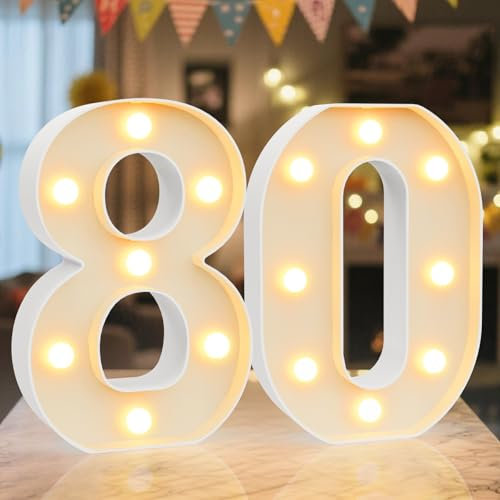 Ledido LED Light Up Marquee Numbers Sign - Cool & Warm Light up Numbers for 80th Birthday Decorations, LED Number Lights for Wedding Anniversary Grad Home Bedroom Table Wall Party Decor, Number 80