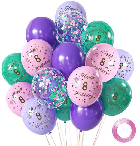 Palloncini Compleanno 8 Anni, 12 Pollici Palloncini Rosa Viola per Compleanno Festa, 15 Pezzi Happy Birthday Decorazioni Compleanno per Bambini Ragazzi Ragazze