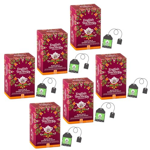 English Tea Shop | Tè Nero BIO Pesca e Zenzero | Infusione Note Delicate Pesca, Gusto Esotico Zenzero e Tè Nero - 6 x 20 Filtri Scatola Eco Box