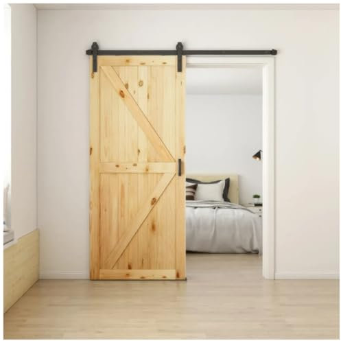 HORI Holzschiebetür Barndoor Natur mit Montageschiene - aus Massivholz im Scheunentor-Stil, platzsparende Schiebetür für Innenräume, 915 x 2135 mm, DIN links/rechts, Schiebetürsystem komplett Farbe: